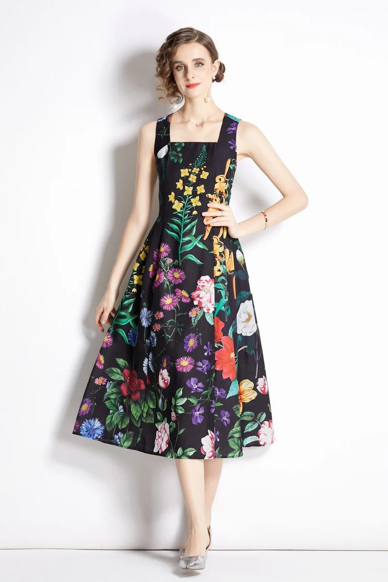 French Vintage Floral Black High Waist Spaghetti Strap Dress