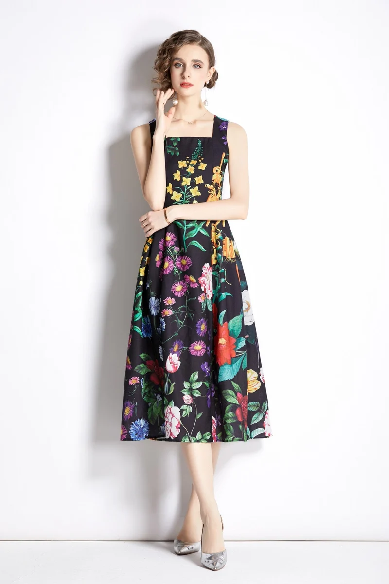 French Vintage Floral Black High Waist Spaghetti Strap Dress