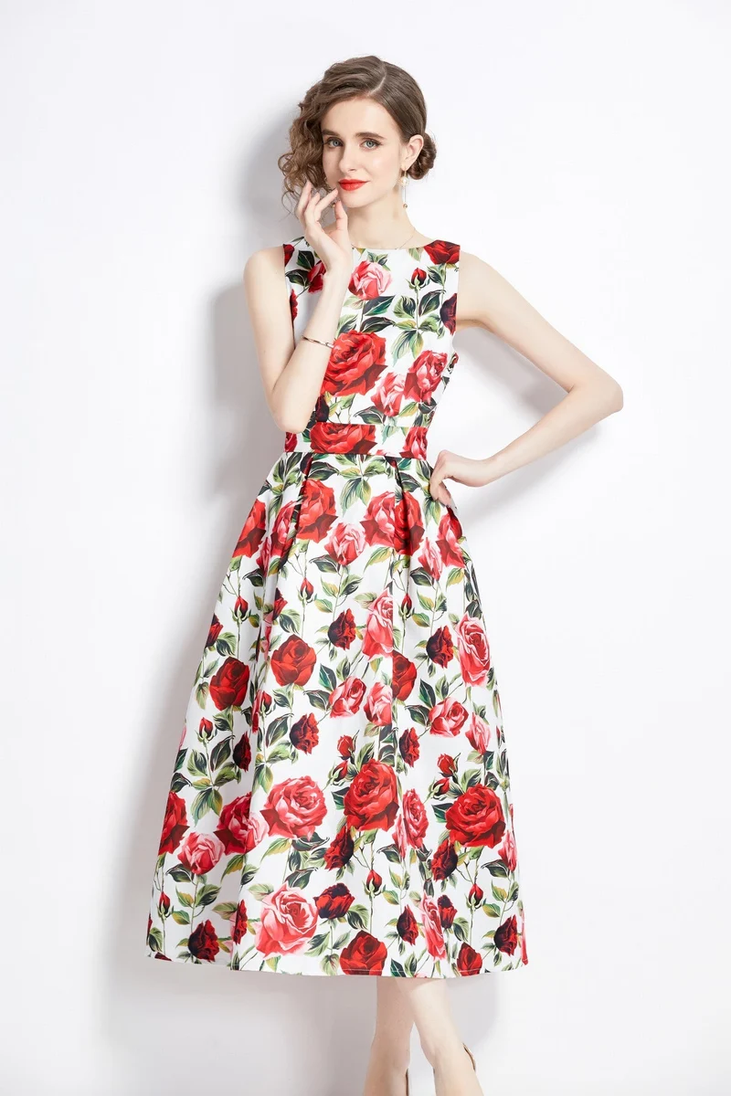 Sleeveless Form Fitting Floral A Line Dress