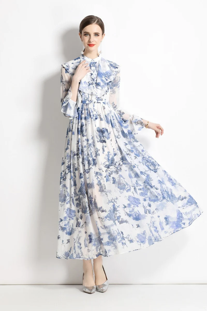 Porcelain Blue Floral Slim Fit Long Sleeve Shirt Dress