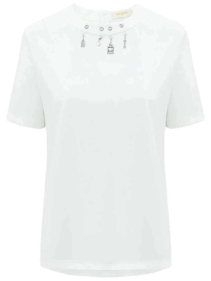 White Round Neck Tee with Embellished Charms