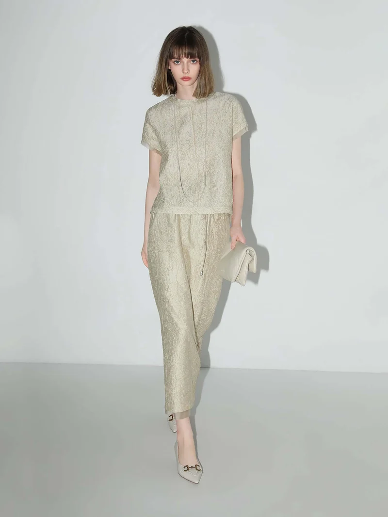 Champagne Satin Tee with Crumpled Texture