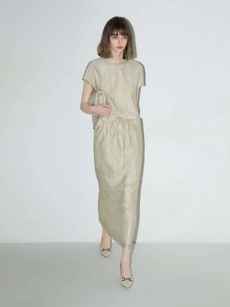 Champagne Satin Tee with Crumpled Texture