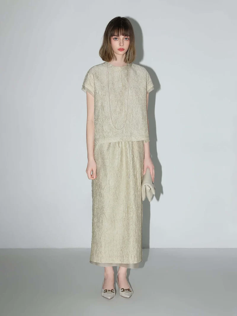 Champagne Satin Tee with Crumpled Texture