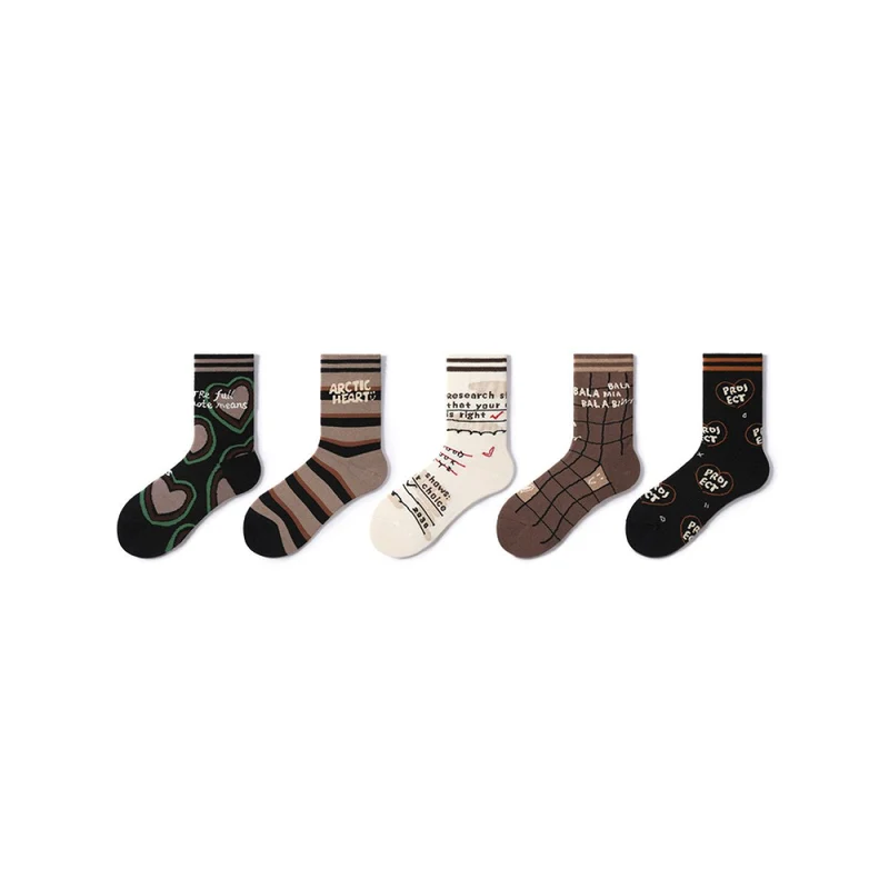 Full Note Retro Sporty All-season Women 5pcs Crew Socks Set