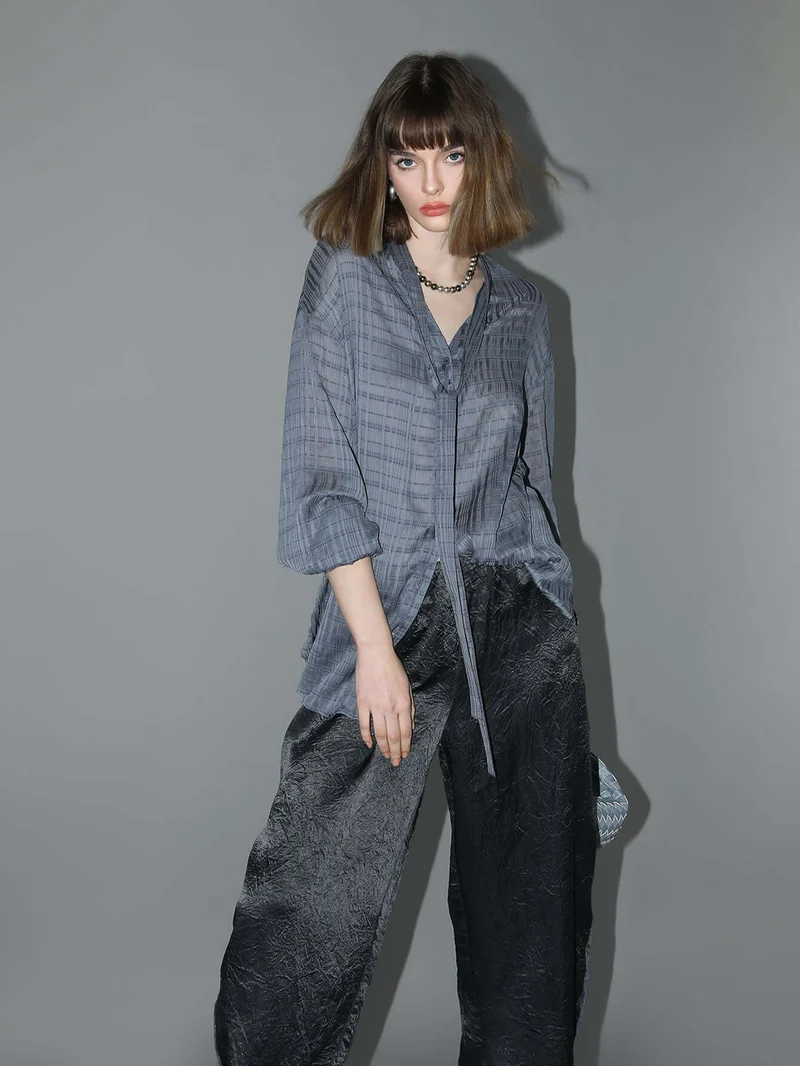Intricate Sheer Navy Jacquard Shirt with Ribbon Tie