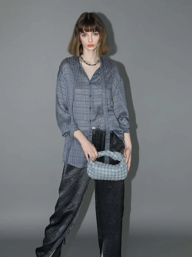 Intricate Sheer Navy Jacquard Shirt with Ribbon Tie