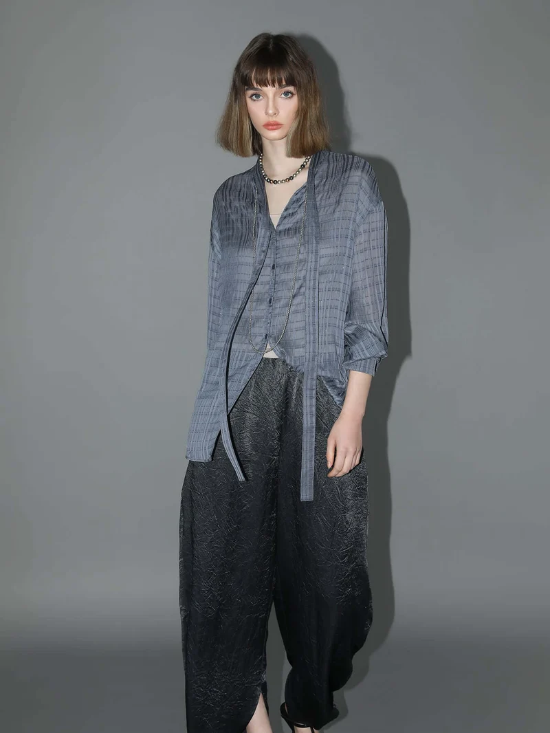 Intricate Sheer Navy Jacquard Shirt with Ribbon Tie