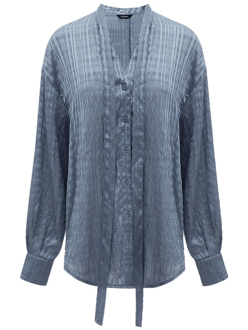 Intricate Sheer Navy Jacquard Shirt with Ribbon Tie