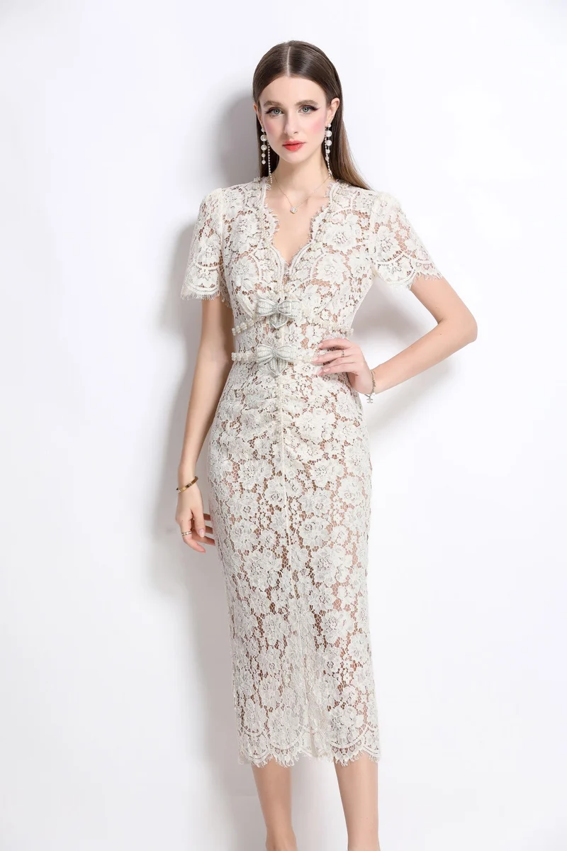 Magnolia White Double Layer Lace Cut Out Pencil Dress