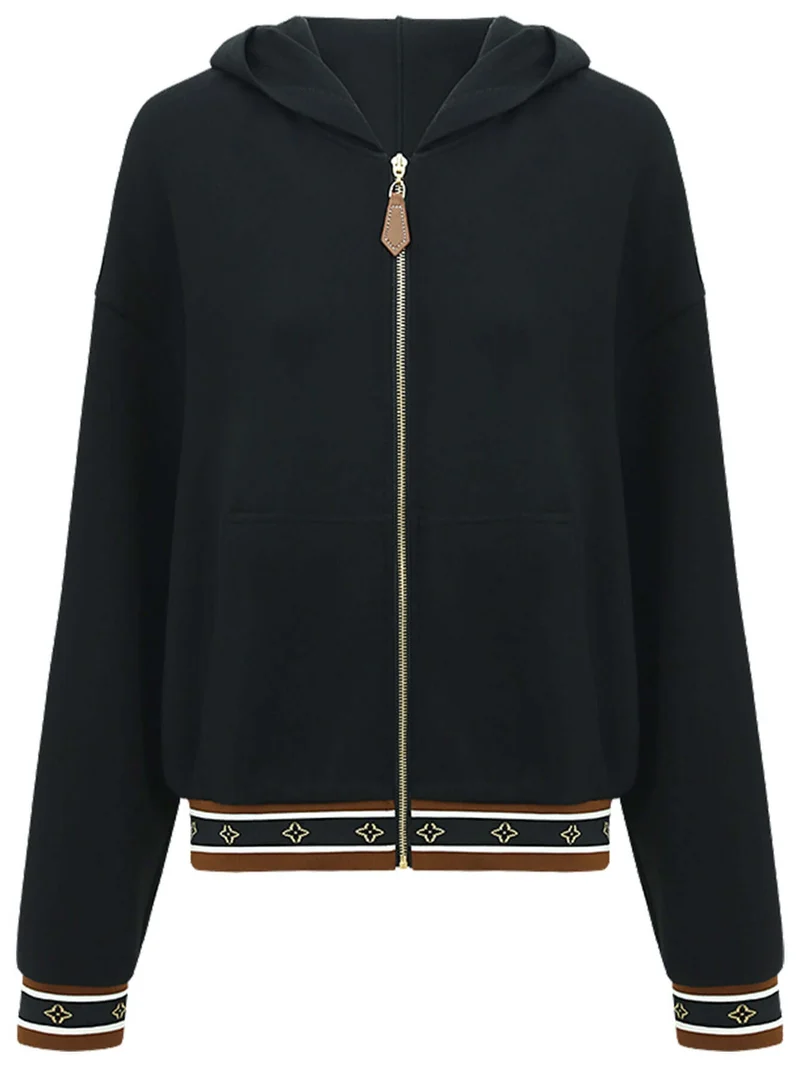 Black Zip-Through Hooded Jacket with Hem and Cuff Piping