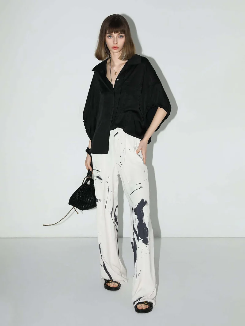 Draped Black Satin Batwing Shirt
