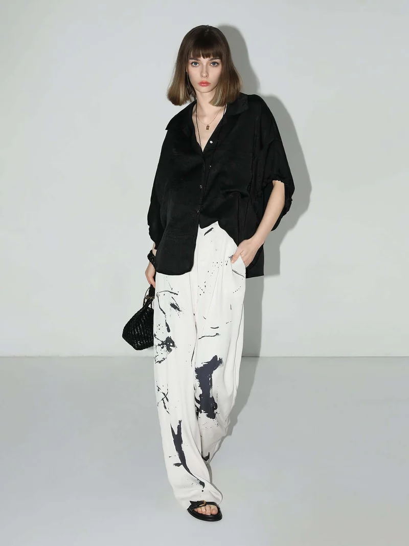 Draped Black Satin Batwing Shirt