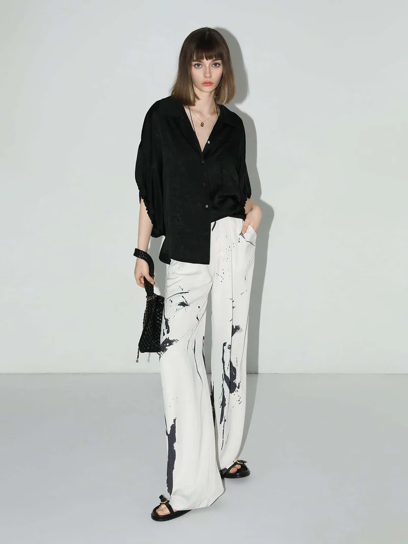 Draped Black Satin Batwing Shirt