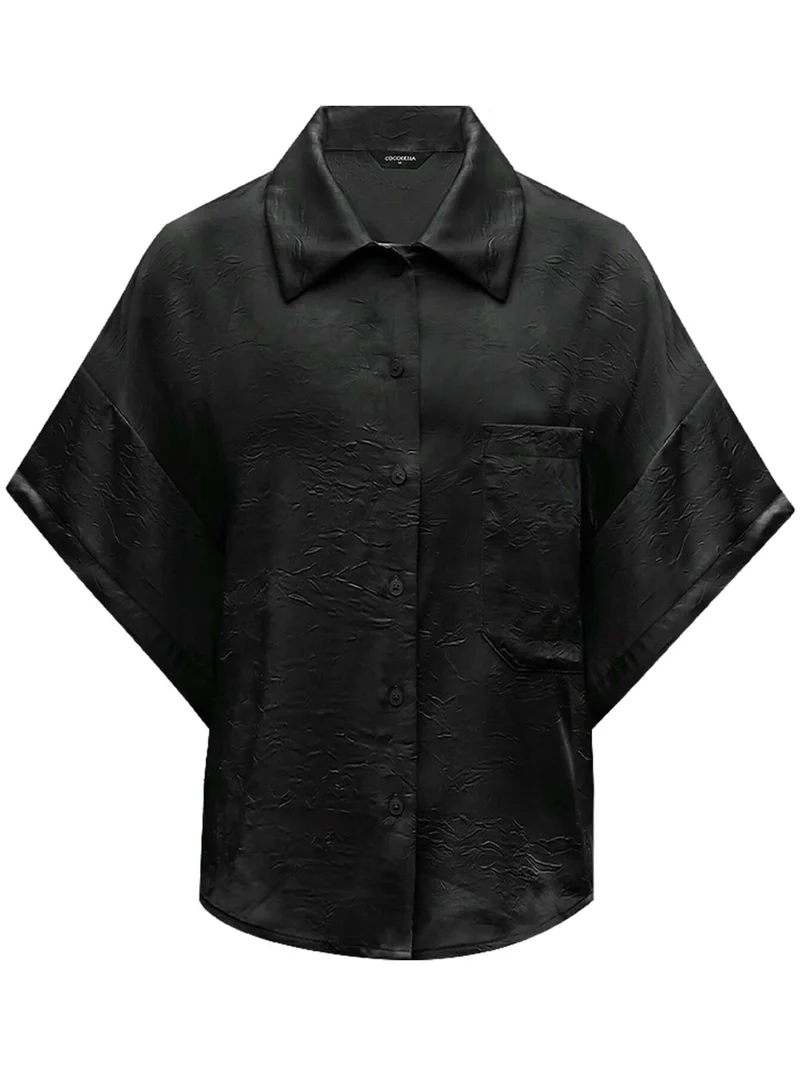 Draped Black Satin Batwing Shirt