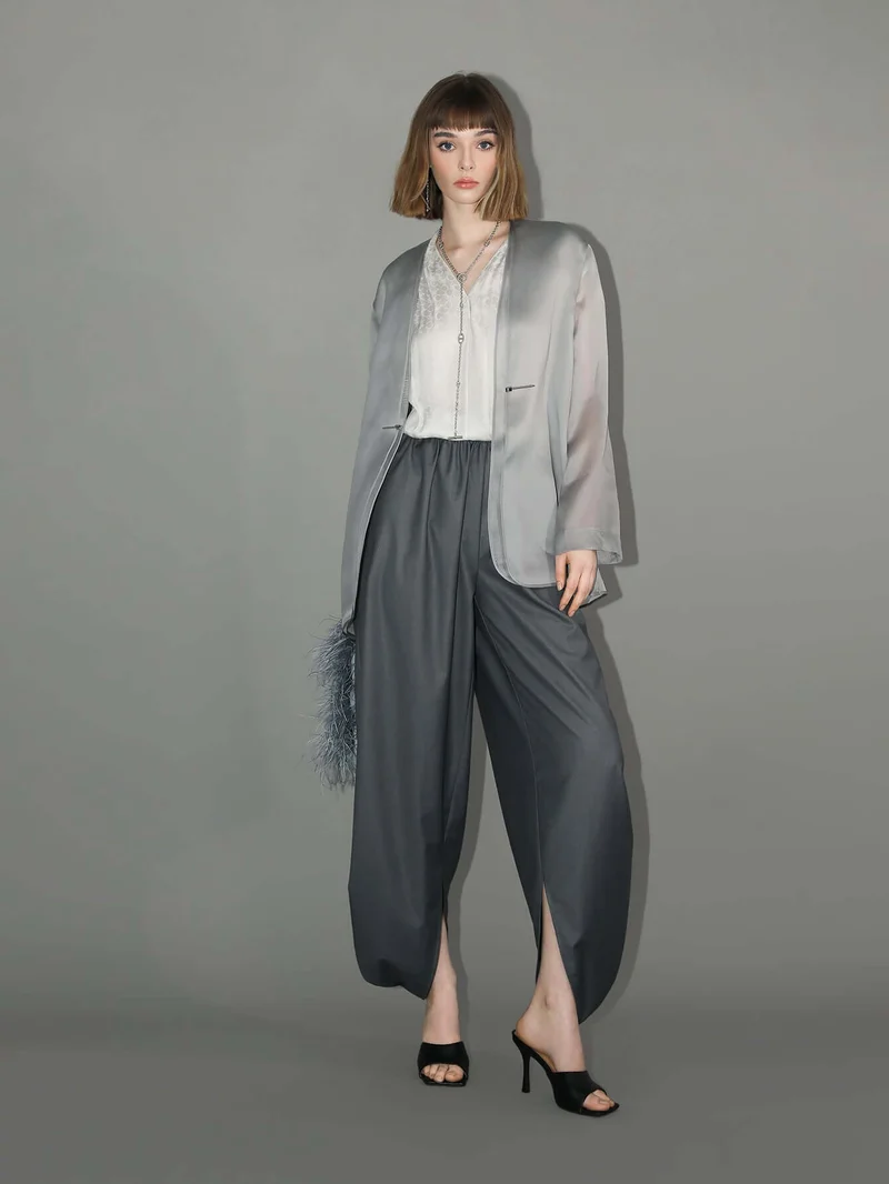 Charcoal Wide Leg Side Slit Satin Balloon Pants