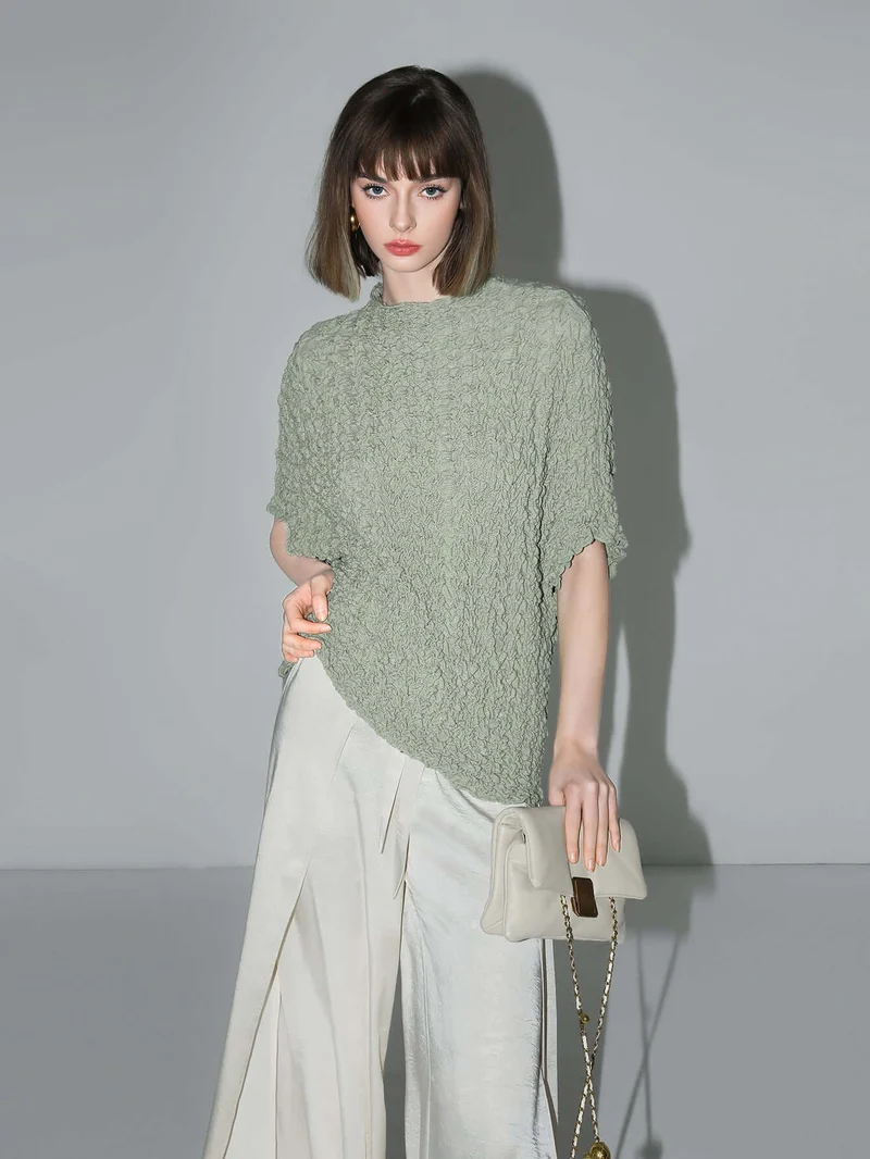 Textured Pleated Knit Batwing Top