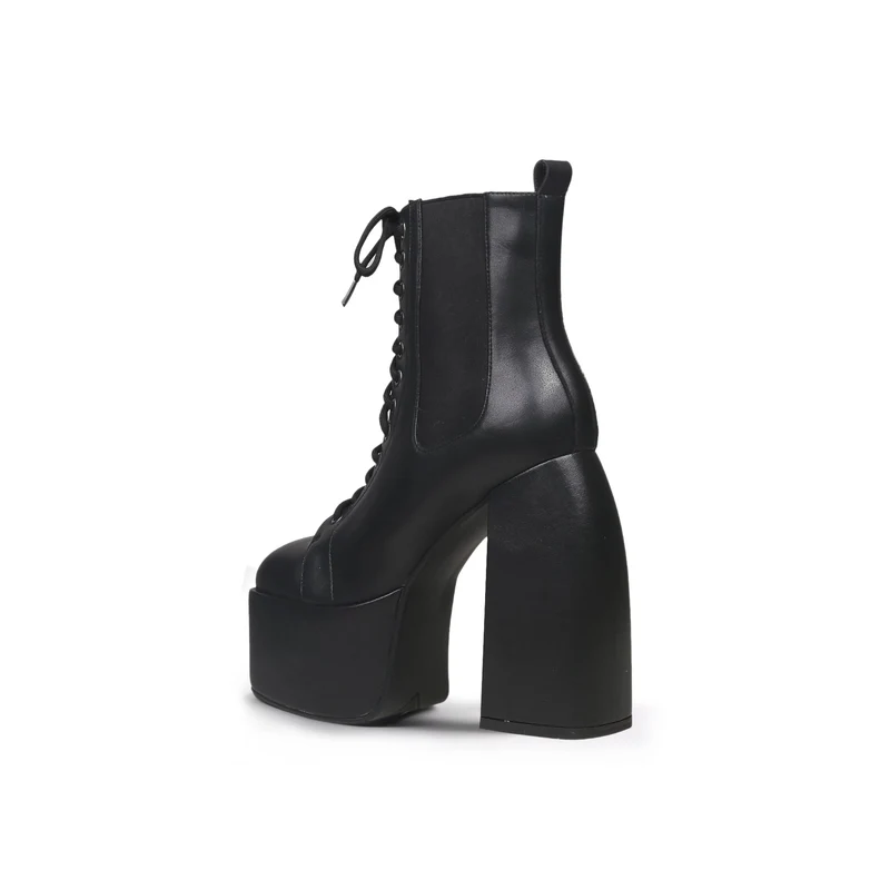 Black Lace-Up Thick Heel Platform Boots