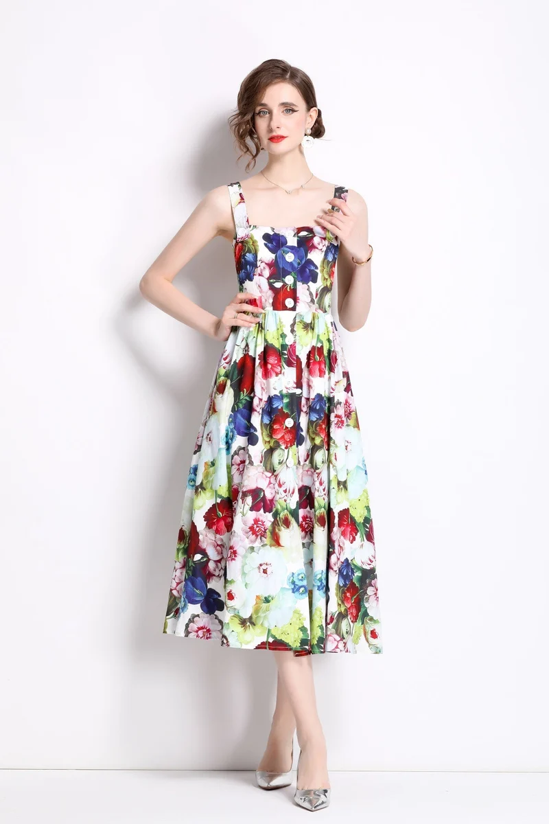 Carnival Thick Strap Flared Midi Dress