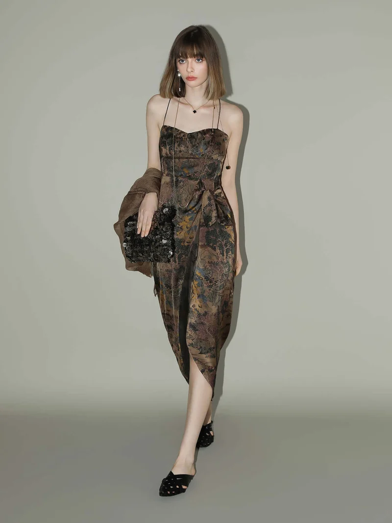 Oriental Gold Ruched Satin Print Slip Dress
