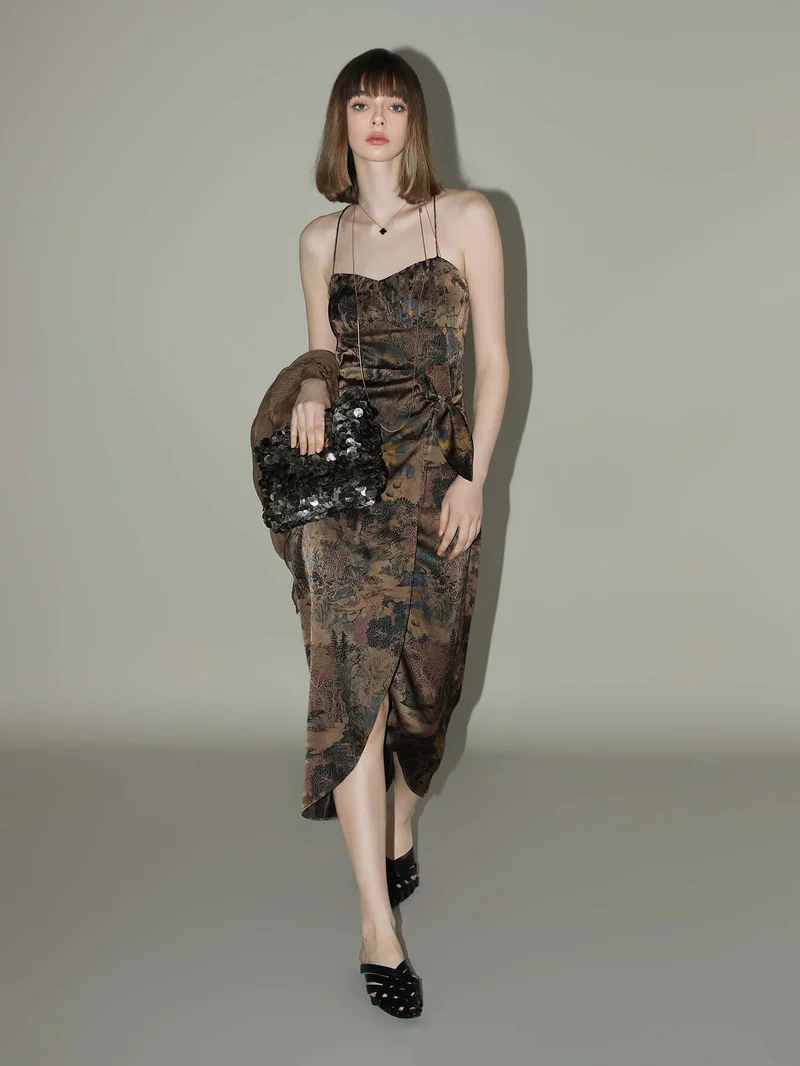 Oriental Gold Ruched Satin Print Slip Dress