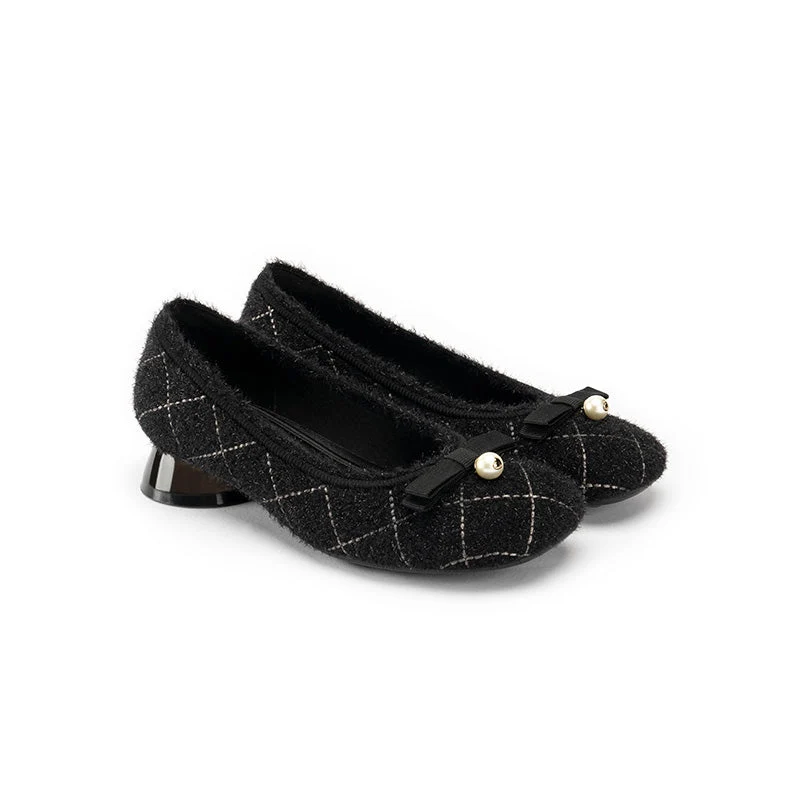 Classic Bow Tweed Quilted Block Heels