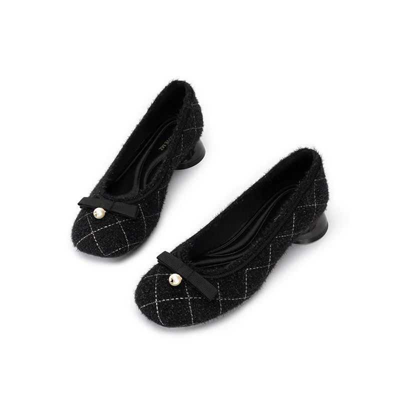 Classic Bow Tweed Quilted Block Heels