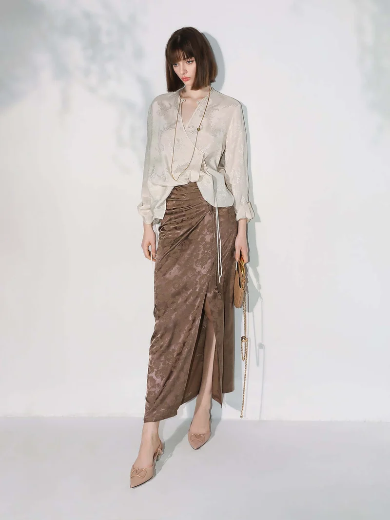 Luxurious Jacquard Draping Brown Silk Satin Skirt
