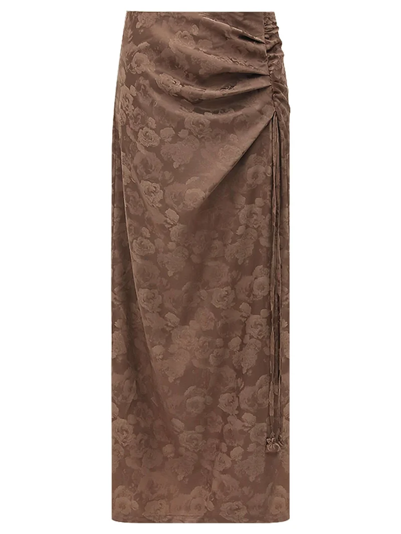 Luxurious Jacquard Draping Brown Silk Satin Skirt