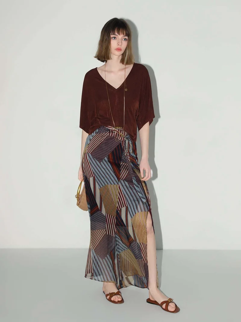Geometric Patchwork Print Chiffon Skirt