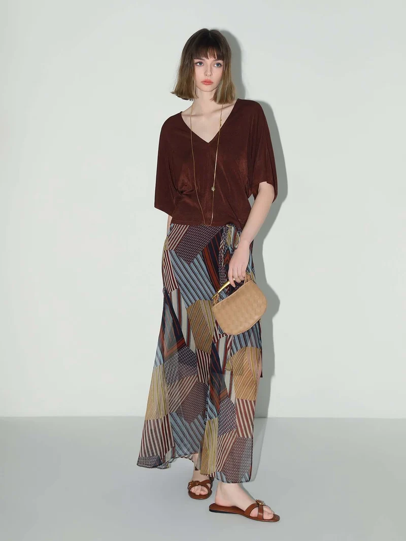 Geometric Patchwork Print Chiffon Skirt