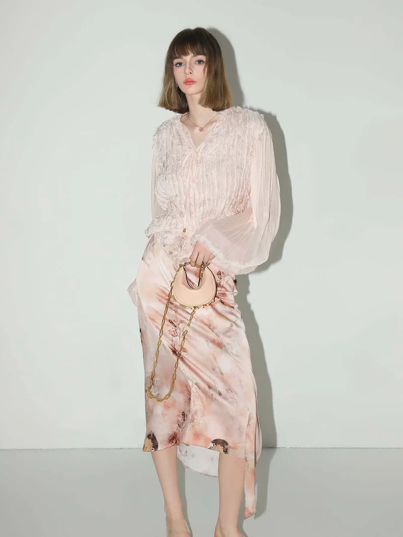 Romantic Soft Pink Blouse with Bubble Sleeves