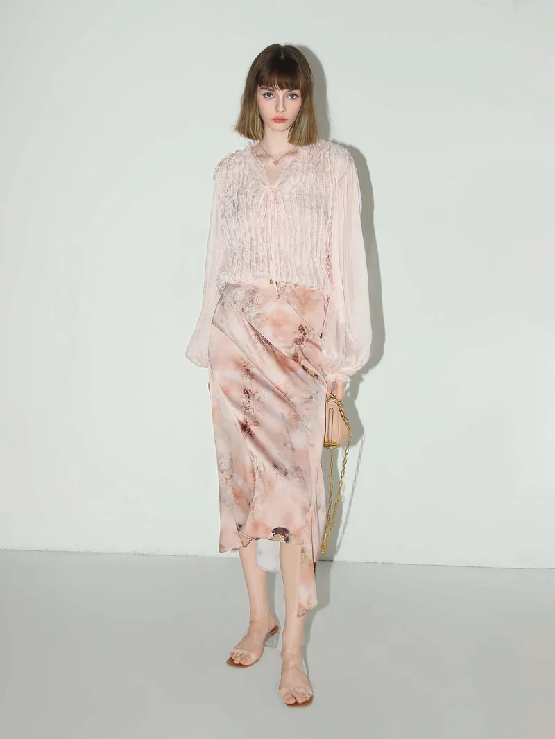 Romantic Soft Pink Blouse with Bubble Sleeves
