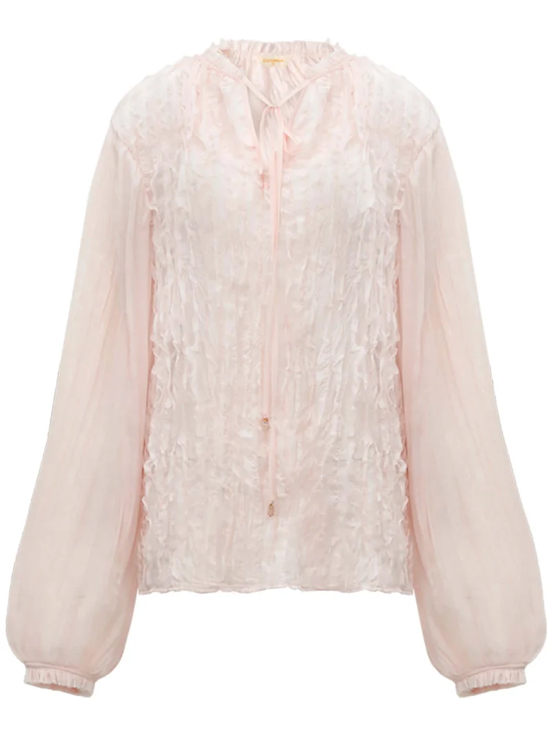 Romantic Soft Pink Blouse with Bubble Sleeves
