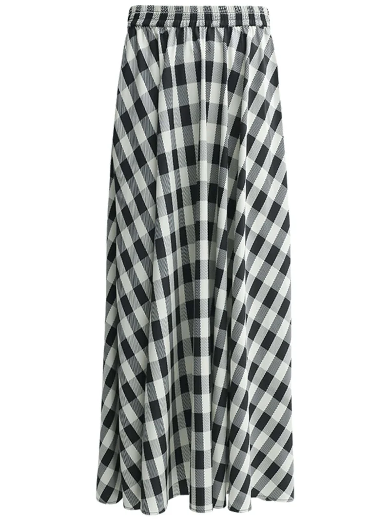 Full A Line High-Waist Checkered Maxi Skirt