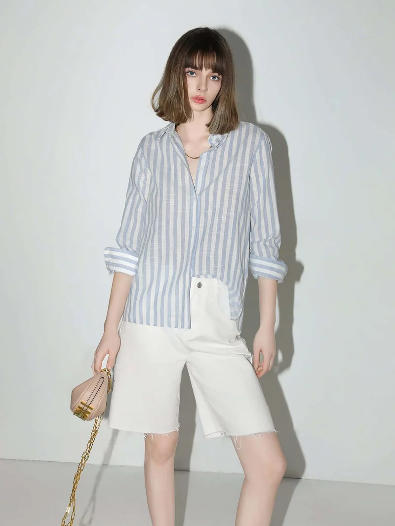 Blue and White Striped Long Sleeve Collared Shirt