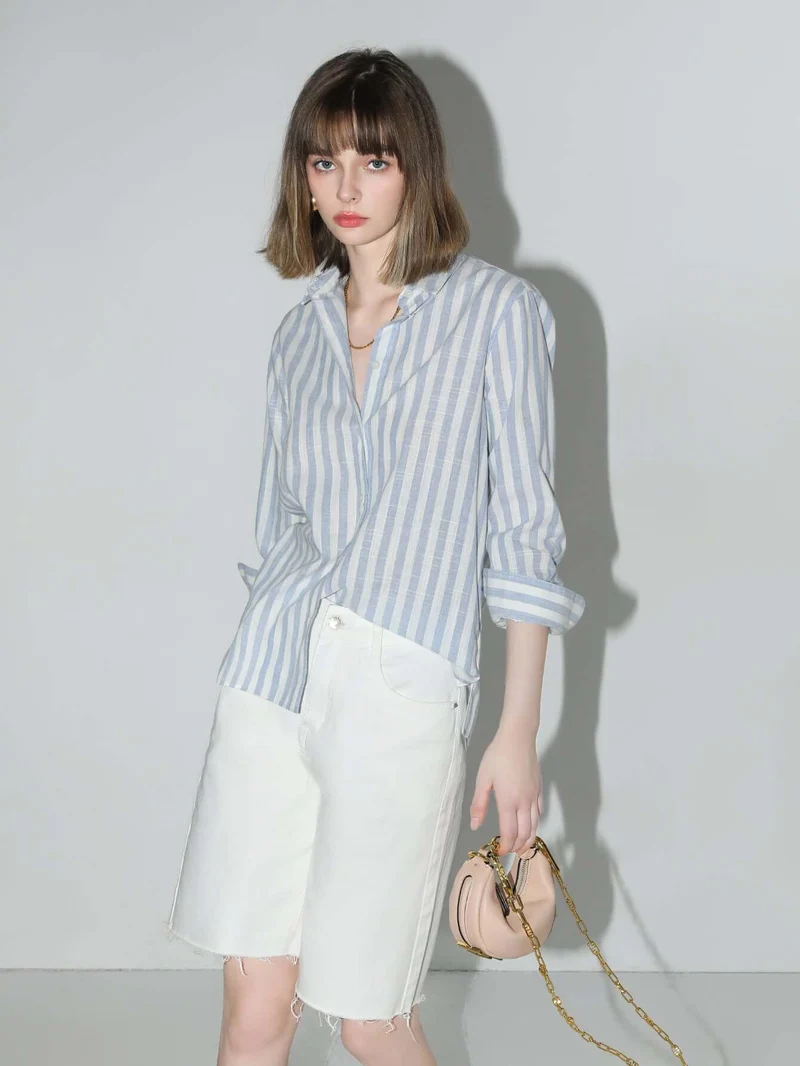 Blue and White Striped Long Sleeve Collared Shirt