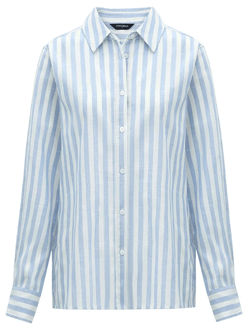 Blue and White Striped Long Sleeve Collared Shirt