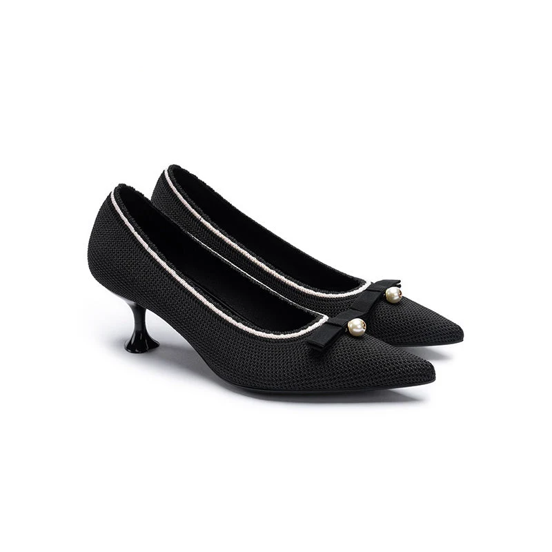 Pointed Toe Pearl Fabric Kitten Heels