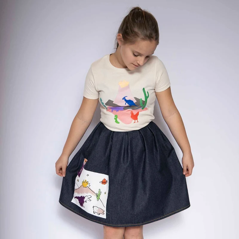 Blue Denim Skirt with Appliqué