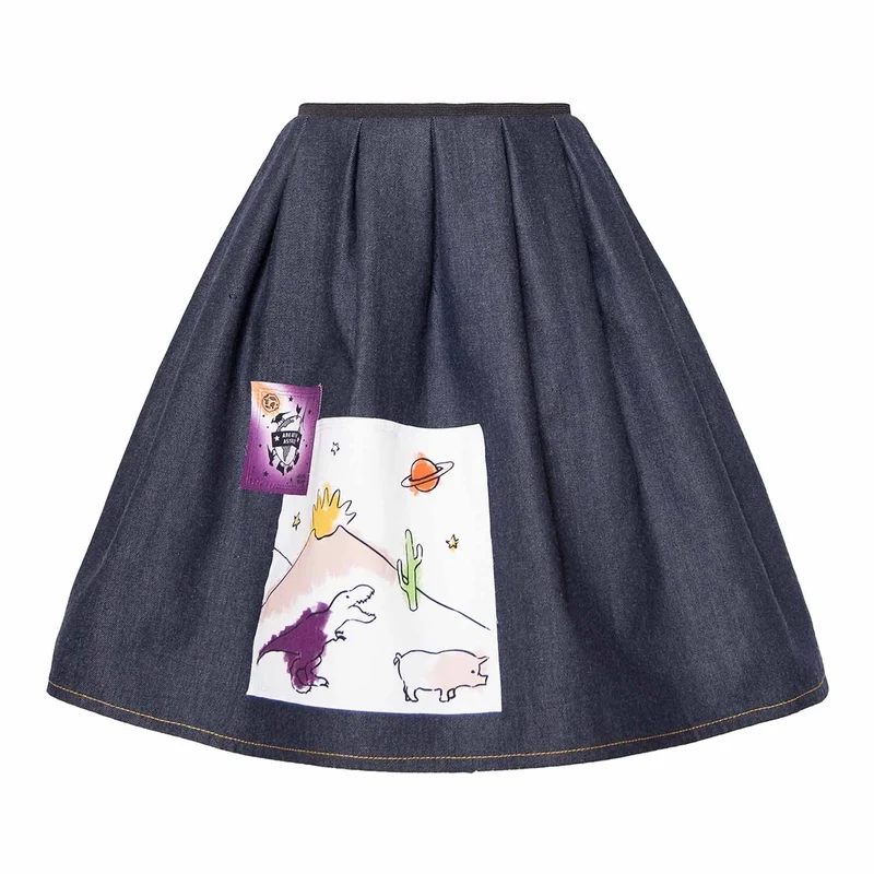 Blue Denim Skirt with Appliqué