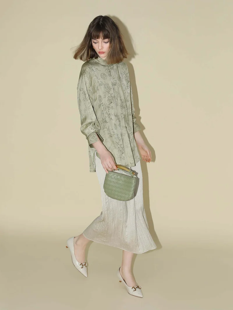 Satin Champagne Pleated Flowing A-Line Skirt