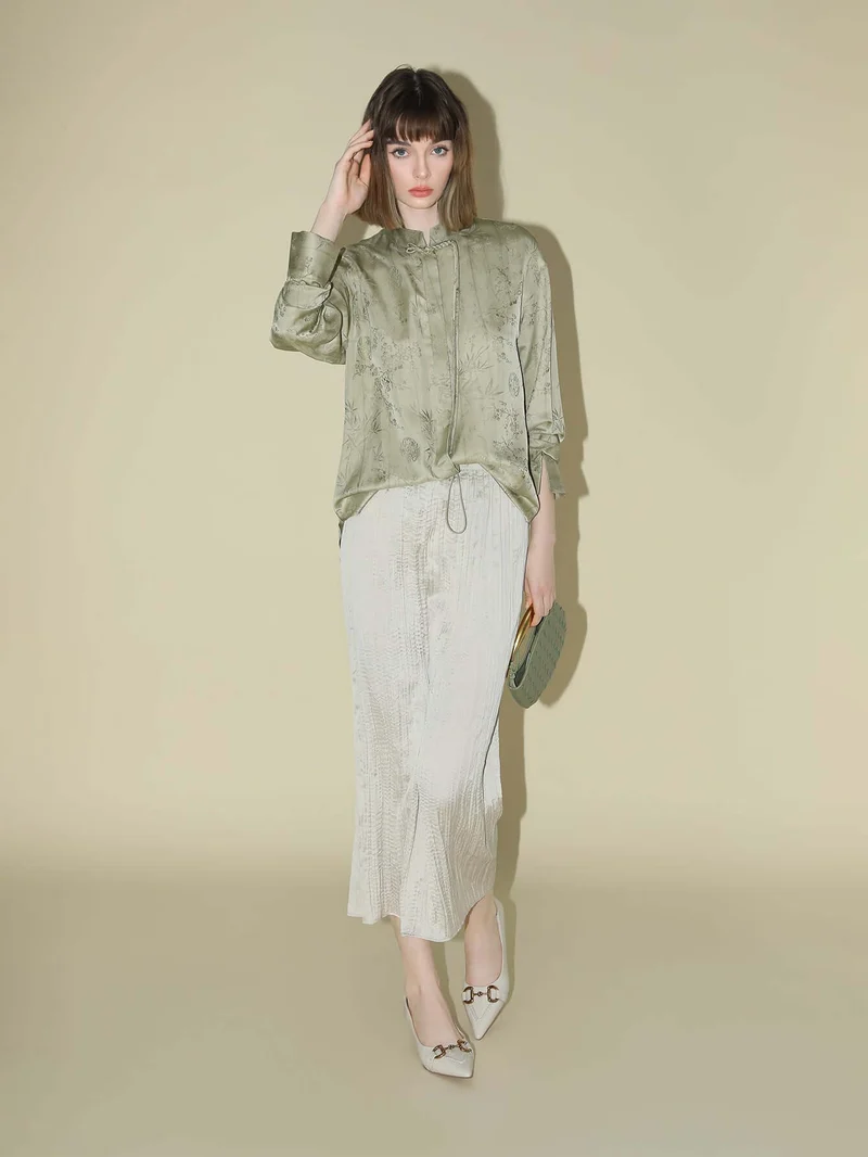 Satin Champagne Pleated Flowing A-Line Skirt